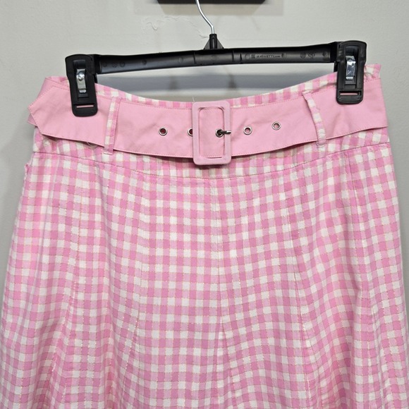 Vintage Y2K Lapis Pink Gingham Skirt Small Belted Gold Metallic Plaid Coquette - Picture 3 of 10